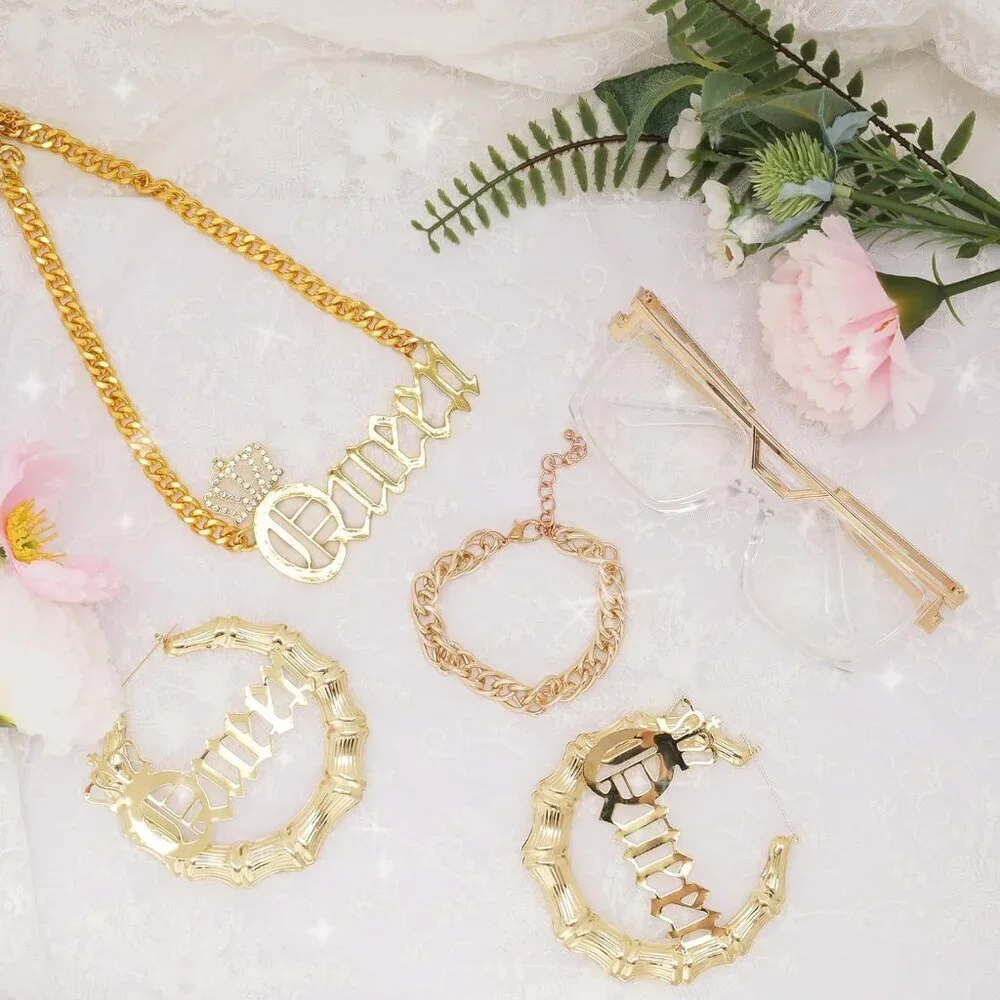 80s 90s Hip Hop Costume Kit Jewelry Accessories Set Necklace Earrings